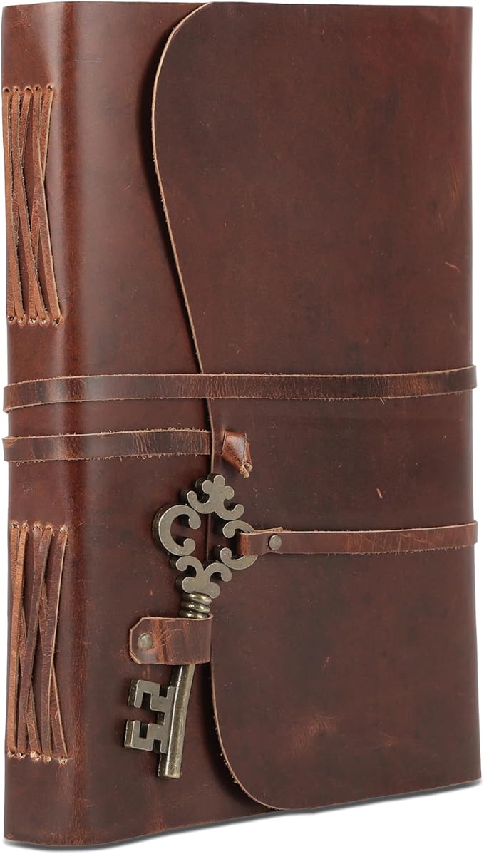 Leather Journal with Deckle Edge Paper 8x6 inch and Vintage Key | Handmade Writing Notebook Diary | Bound Daily Notepad for Men & Women Medium, Sketch/Writing pad for Artists