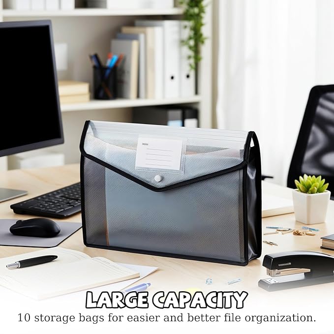 10 Pack Plastic File Folders, Transparent Expanding File Folder with Snap Closure A4 Size Waterproof Document Folder Large Files Folders Organizer for Receipt Office Supplies(Black, Horizontal)