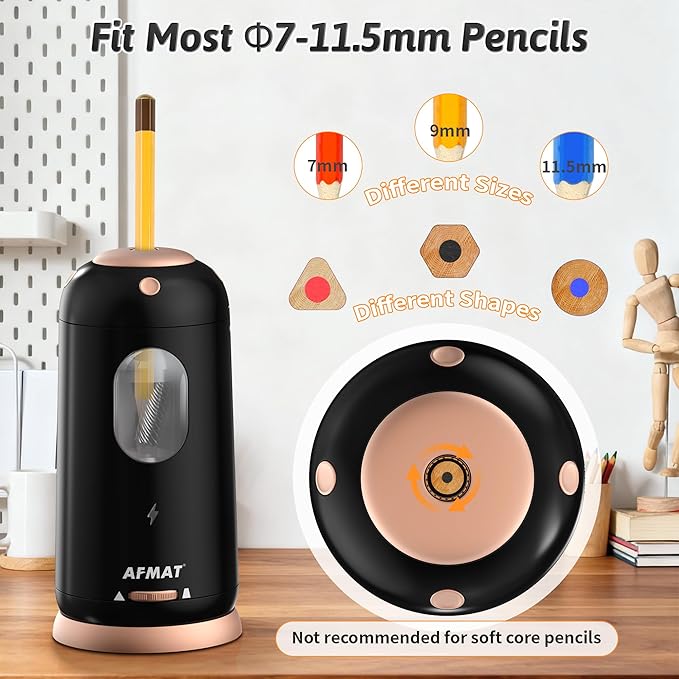 AFMAT Electric Pencil Sharpener, Auto in & Out, Fully Automatic Pencil Sharpener, Rechargeable Hands-Free Sharpeners for Jumbo & Colored Pencils (7-11.5mm), Good for Classroom/Home/Office PSC8(Black)
