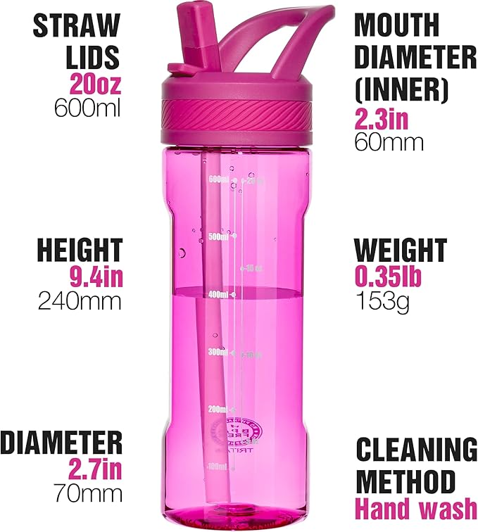 OLDLEY 20oz Kids Water Bottle with Straw, BPA-Free Tritan Water Bottle for School, Leakproof Clear Water Bottle with One Click Open, Measurement Scale, Cup Holder Friendly for Boys Girls,Fuchsia