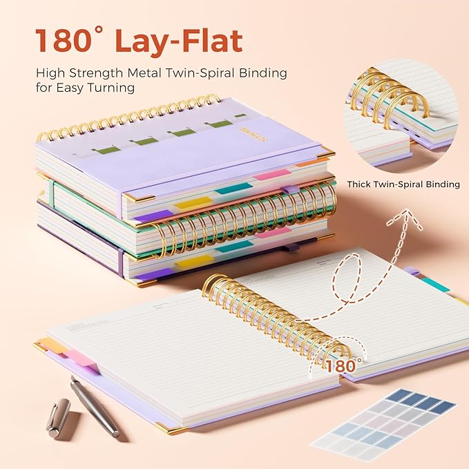 Line Hardcover Spiral Notebook with Removable Dividers Tabs & Ruler, 5 Subject Notebook College Ruled, 300 Page, Large 8"x10" B5 Notebooks for Work School, Lined Journal for Women & Men, Light Purple