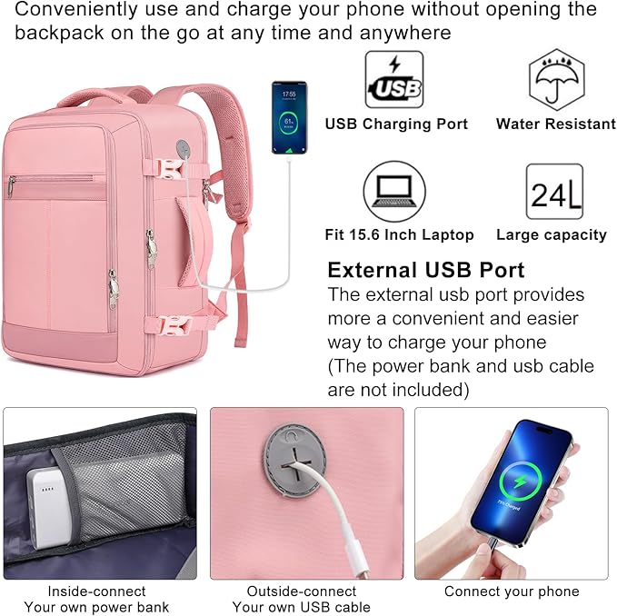 Carry On Backpack for Women,Travel Backpack Flight Approved,Underseat Personal Item Travel Bag With Shoe Compartment, TSA 15.6" Laptop Back Pack Casual Daypack for College Weekender Business,Pink