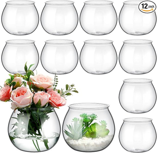 FoldTier 12 Pcs Plastic Fish Bowls 27 Oz Clear Round Vase Centerpieces | Shatterproof Acrylic Fish Bowl Drinks Container, Perfect Parties Wedding Table Decor, Versatile as Floral Vase or Terrarium