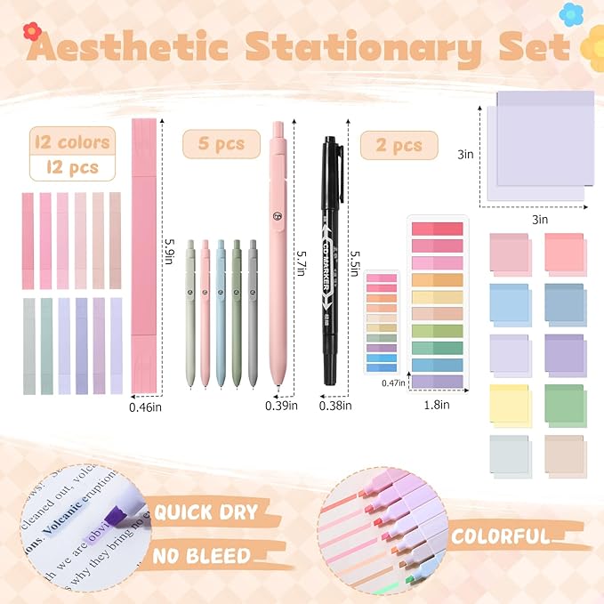 49Pcs Book Annotation Kit - Aesthetic School Supplies with Cute Pen Case Highlighters Gel Pens and Marker, Sheets Transparent Index Tabs Sticky Notes Bible Study Supplies (Pink)