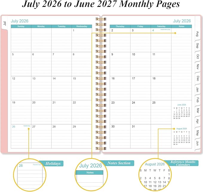 2026-2027 Planner - Planner 2026-2027 from July 2026 - June 2027, Weekly & Monthly Planner Spiral Bound with 12 Monthly Tabs, Inner Pocket, 6.4" x 8.5", Pink-E