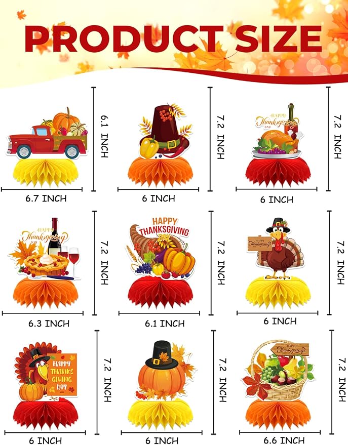 Thanksgiving Table Decorations - 9Pcs Fall Table Decorations 3D Fall Centerpieces for Tables, Turkey Pumpkin Honeycomb Centerpieces Autumn Table Topper for Autumn Thanksgiving Party Supplies