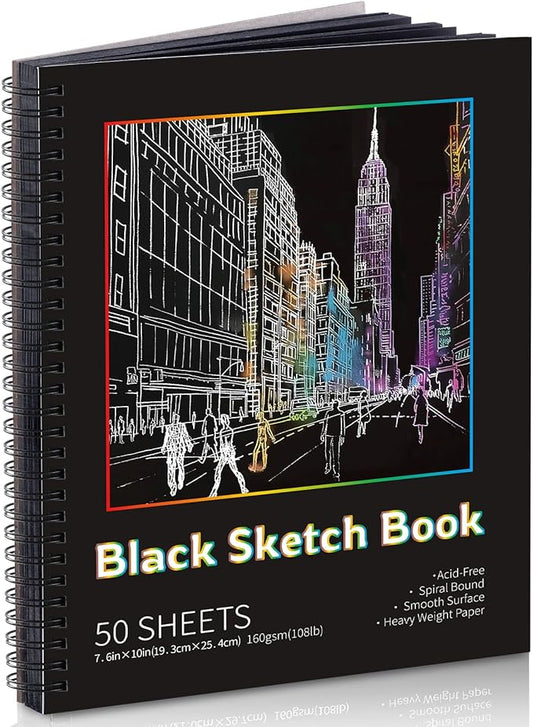 Prudiut Black Paper Sketchbook 1 Pack 7.6x10 Inch, 160gsm Acid-Free Spiral Binding Hardcover Sketch Book, Artist Drawing Book Mixed Media Colored Pencil Chalk Metal Marker Portfolio Gift