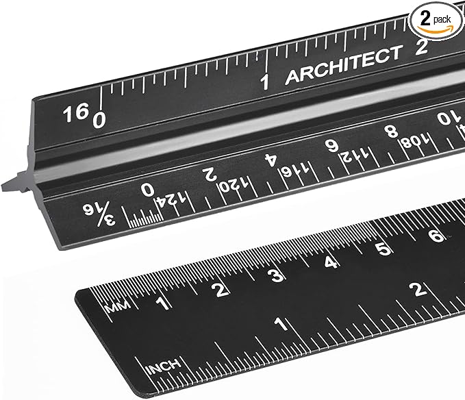 Architectural Scale Ruler with Straight Ruler, 12 Inches Imperial Measurements, Blcak Laser-Etched Aluminum Architect Triangular Ruler for Architects, Engineers, Architects, Students and Draftsman
