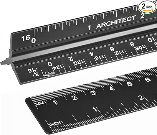 Architectural Scale Ruler with Straight Ruler, 12 Inches Imperial Measurements, Blcak Laser-Etched Aluminum Architect Triangular Ruler for Architects, Engineers, Architects, Students and Draftsman