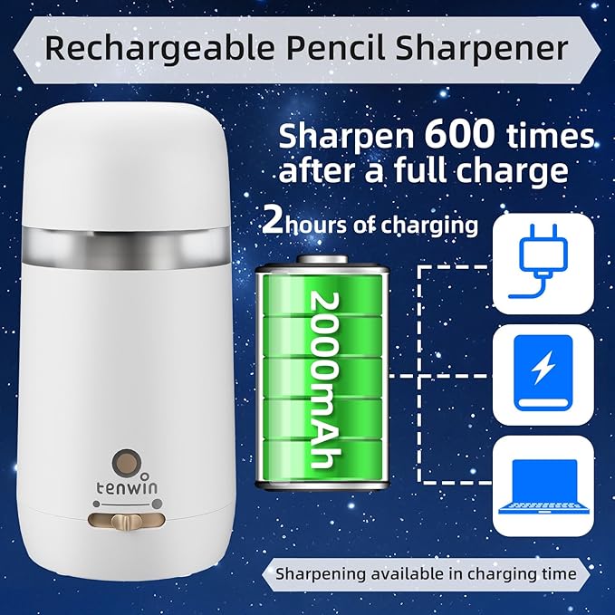 tenwin Fully Automatic Electric Pencil Sharpener for 7-12mm Pencils, Auto in&Eject, 3 Selectable Adjustable Pencil Nibs with Breathing Light (White)