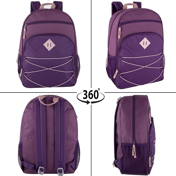 Summit Ridge Backpacks with Bungee Cord Front | 17” Multi Pocket Backpack for Adults, College, Travel (Purple/Lilac)