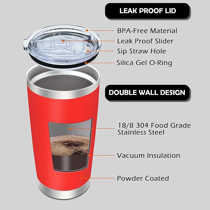 AIANJI 20oz Tumbler Bulk Stainless Steel Tumblers with Lid Vacuum Insulated Double Wall Travel Coffee Mug Powder Coated Tumbler Cup for Hot and Cold Drinks(Red, 6 pack)