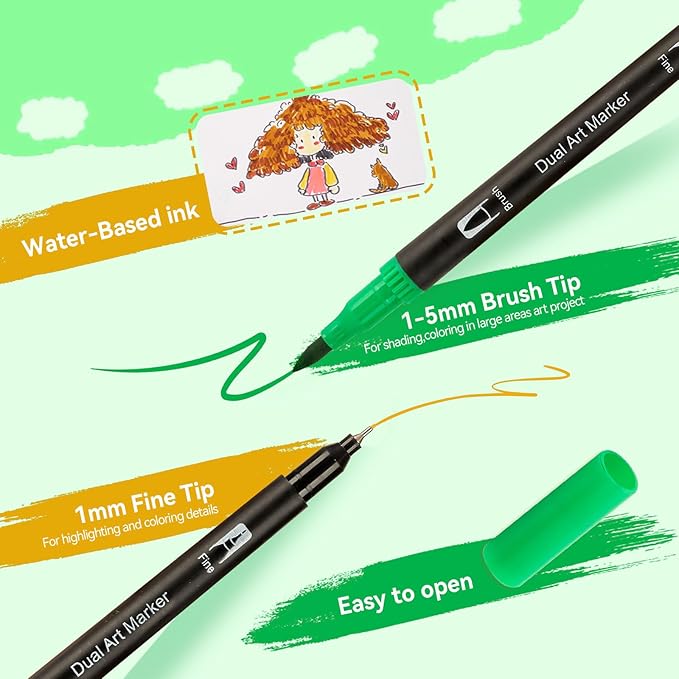 WELLFAR 【72 Colors】 Adult Coloring Book Markers No Bleed – Dual Felt Tip (Fine & Brush) Art Markers for Teens/Kids -Gel Acrylic Paint Pens Set for Drawing, Rock Painting, Journaling, Non Bleeding.