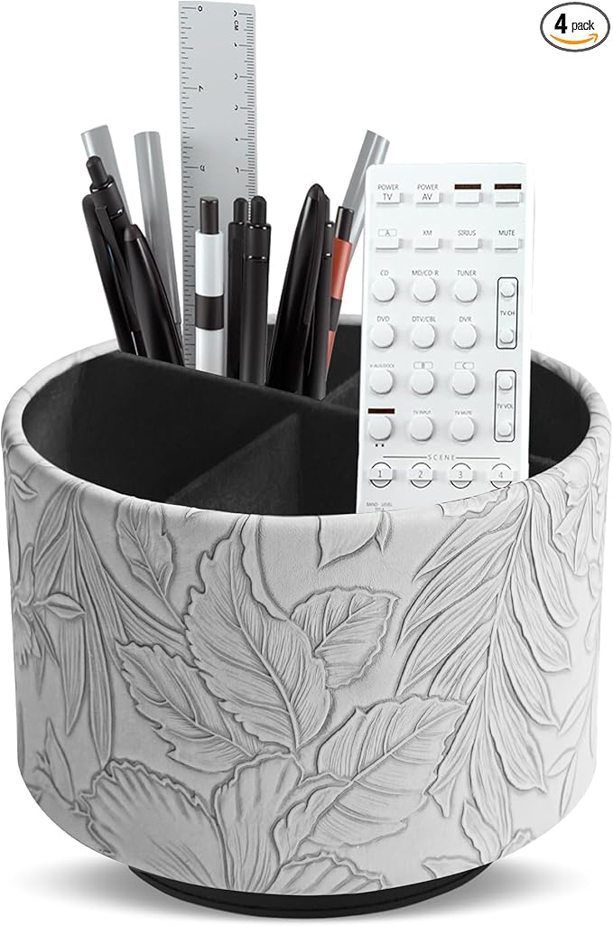 Round Leather Art Supply Organizer,Remote Control Holder,360 Degree Spinning,Multi-Functional Pencil Holder,4 Compartments Desktop Stationary Organizer(1-Carved Grey)