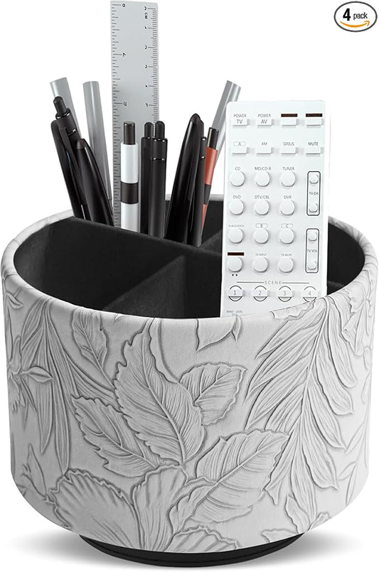 Round Leather Art Supply Organizer,Remote Control Holder,360 Degree Spinning,Multi-Functional Pencil Holder,4 Compartments Desktop Stationary Organizer(1-Carved Grey)