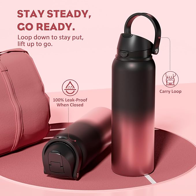 POWCAN 40 oz Stainless Steel Water Bottle: 2-in-1 Push-Button Spout & Quick-Flip Straw Lid, Leakproof, Keep Cold 24Hrs, BPA-Free, Insulated Water Bottle for Sports, School, Travel, Gym, Gift (Queen)