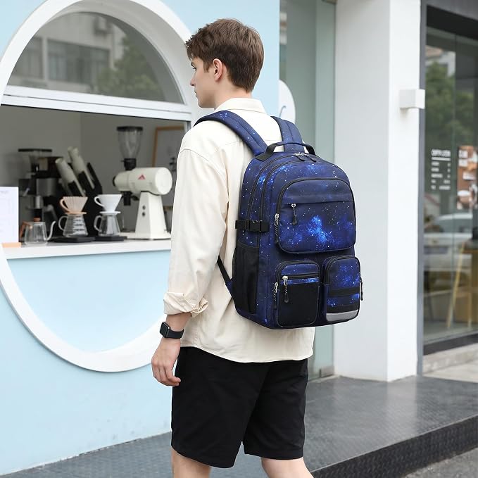 Lohol Water Resistant Backpack with Multifunctional Pockets for Teens, Durable Bookbag fits 15.6 inch Laptop for School Travel College, 25L (Black Blue Galaxy)