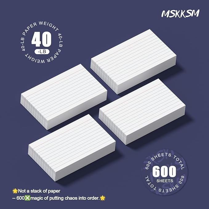 Index Cards 3x5 Inch - 600 Count, Ruled Index Flash Cards for Studying, Lined Index Note Cards 3x5 Flashcards, Notecards 3 x 5 Lined Small Index Cards Ruled White 3x5 Cards for Office, School, Home