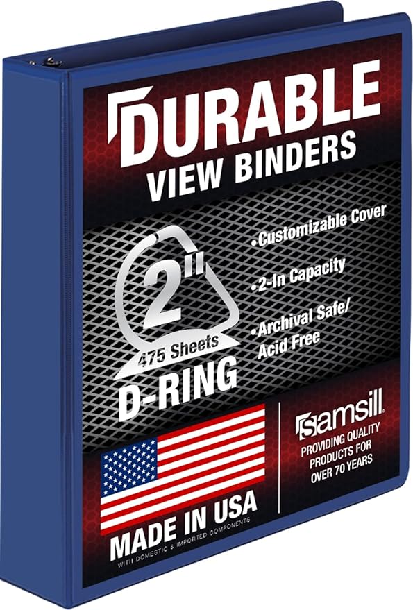 Samsill Durable 2 Inch Binder, D Ring Binder, Customizable Clear View Cover, Midnight Blue, Holds 475 Pages