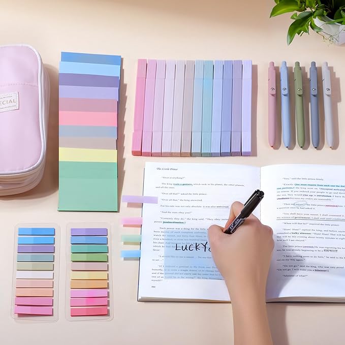 49Pcs Book Annotation Kit - Aesthetic School Supplies with Cute Pen Case Highlighters Gel Pens and Marker, Sheets Transparent Index Tabs Sticky Notes Bible Study Supplies (Pink)