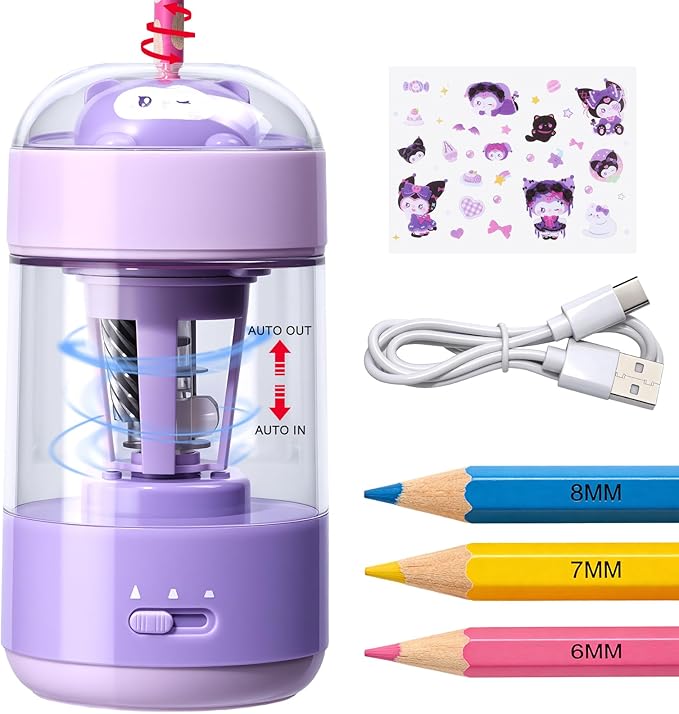 Rechargeable Automatic Electric Pencil Sharpener, Auto in & Out 3 Adjustable Thickness, Type-C Charging, Cute DIY Stickers, for 6-8mm Pencils, 3s Fast Sharpening, Ideal for School & Home (Purple)