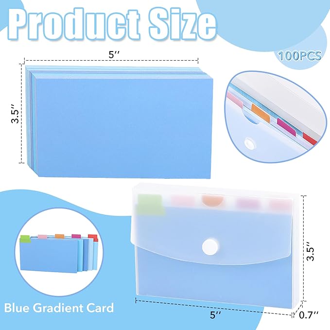 AmazonBasics 100 Pcs 3x5 Blue Plastic Note Card Organizer with Clear Index Card Case, 5 Color Note Cards, Blank Flash Cards, Study Cards, Tab Dividers