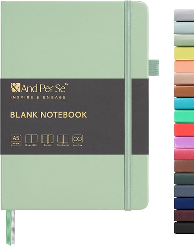 &And Per Se Blank Sketch Notebook, A5 Hardcover, 160 Pages 100gsm Thick Paper, Unlined Journal for Drawing, Doodling, Hand Lettering – Creative Gift for Artists, Designers, Writers (Light Green)