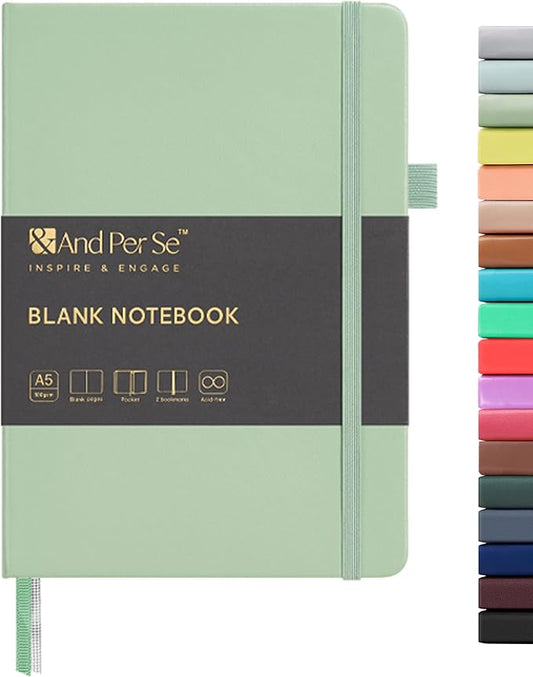 &And Per Se Blank Sketch Notebook, A5 Hardcover, 160 Pages 100gsm Thick Paper, Unlined Journal for Drawing, Doodling, Hand Lettering – Creative Gift for Artists, Designers, Writers (Light Green)