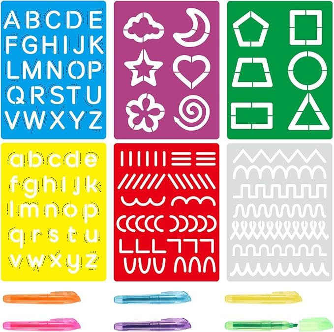 Fuutreo 12 Pieces Preschool Alphabet Tracing Stencil Set for Kids Colorful Letter Tracing Drawing Stencils with 6 Color Highlighter Cute Craft Pattern Paint Boards for Painting Classroom Rewards
