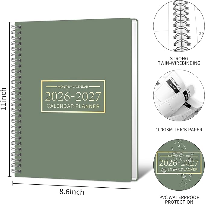 Monthly Planner 2026-2027, 2026 Calendar 24 Months Planner, Jan 2026 - Dec 2027, 8.6" x 11", Academic Calendar Hard PVC Cover with Spiral Bound, Perfect for School & Office for Women & Men