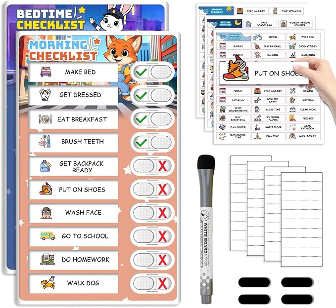 2 in 1 Upgraded Slider Bedtime/Morning Routine Chart for Kids Toddlers, Dry Erase Chore Chart for 2 Kids, Magnetic Visual Schedule for Kid