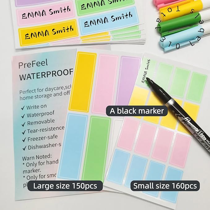 Assorted Colors Waterproof Removable Labels - 310PCS with Pen Adhesive Name Label Stickers for Water Bottles,Baby Daycare,Kids School Supplies,Home Office Organization