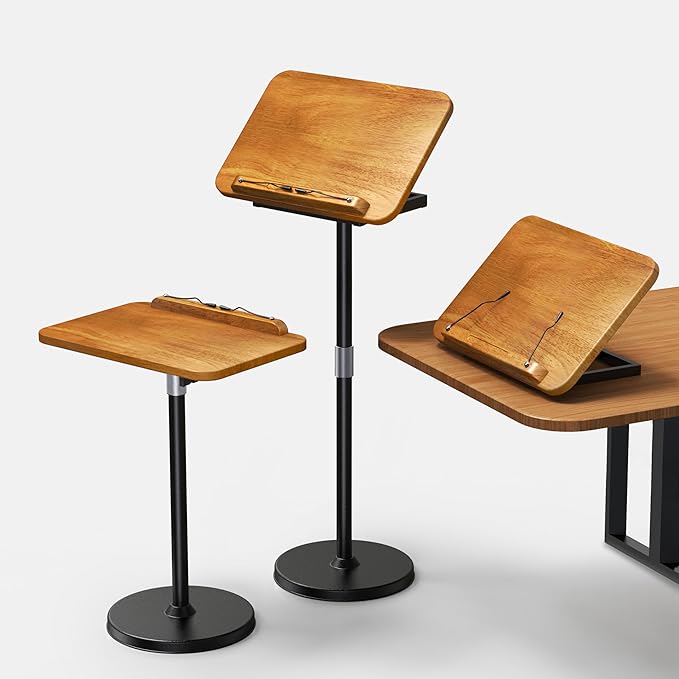 NAMON Floor Book Stand for Reading, 100% Solid Wood, Height Adjustable 16.5"-51", Floor Reading Stand with Page Clip for Cookbooks, Sheet Music (Stationary / 2-in-1, 11.8" x 16.5")