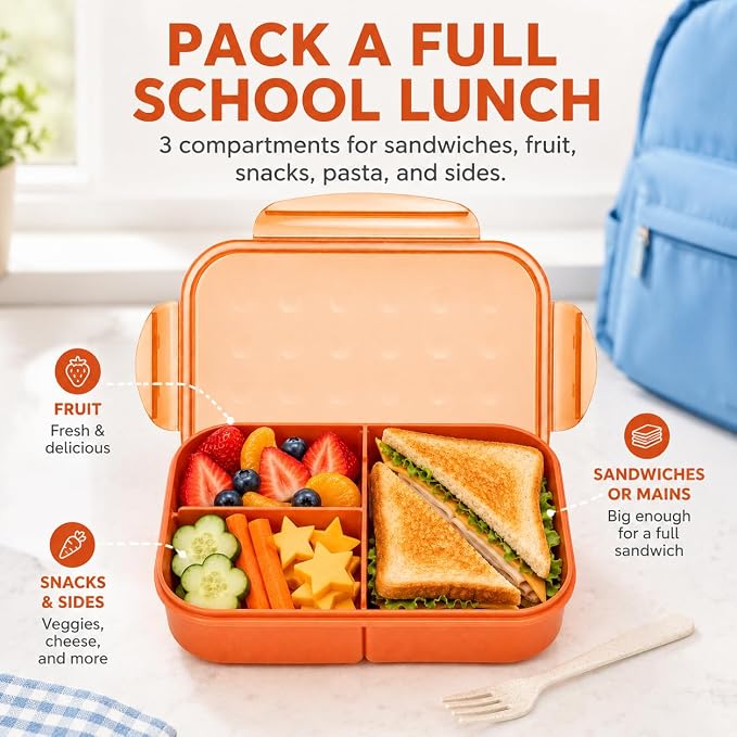 MISS BIG® Bento Lunch Box for Kids, 1150ml, 3 Compartments, Coral Orange | Coral orange 1150ml kids bento box for school lunch, daycare meals, snacks, picnic, and travel.
