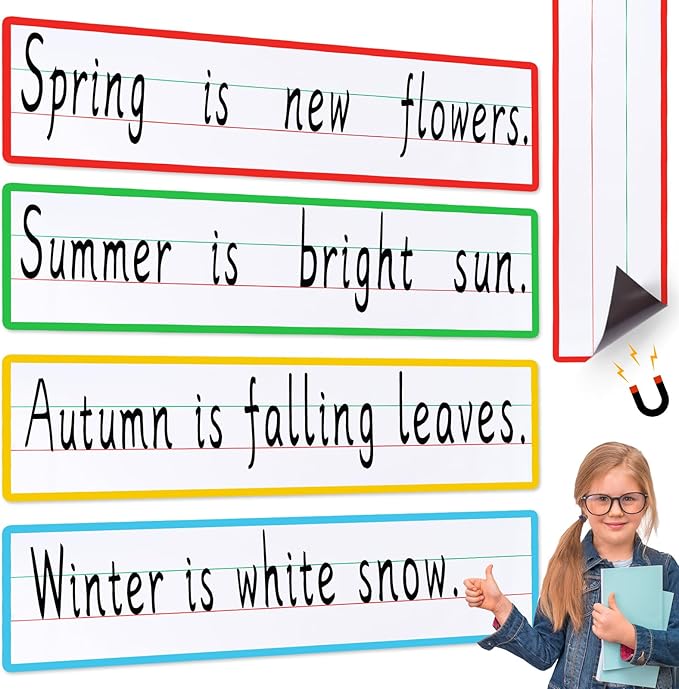 4 Sheet 14.2×4.1inch Dry Erase Magnetic Sentence Strips for Classroom Whiteboard & Fridge Handwriting Lined Paper for Home Teacher Must Haves Word Alphabet Practice Tool