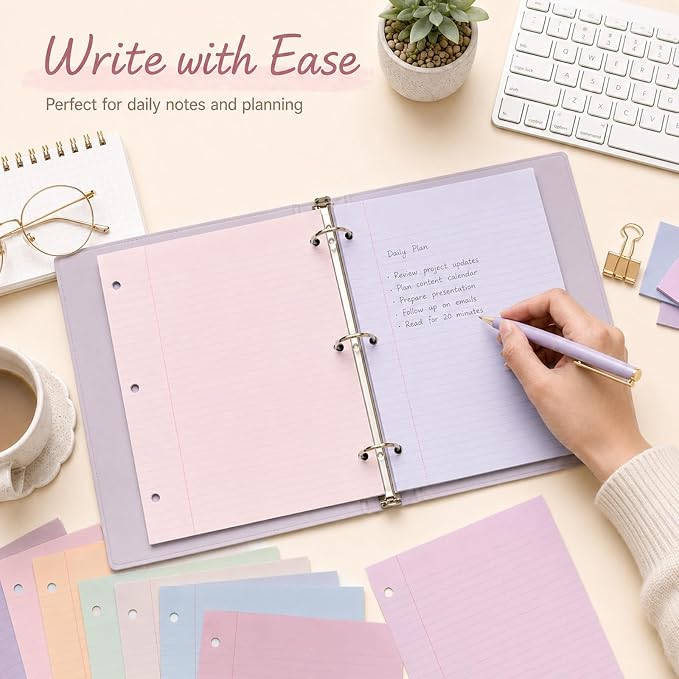 gisgfim 100 Sheets 3 Hole Punched Lined Refill Paper 8 x 10.5 Inch Loose Leaf Paper 3-Ring Binders College Ruled Notebooks Planner Inserts Thicken for Writing School Office Home Supplies(Dreamy)