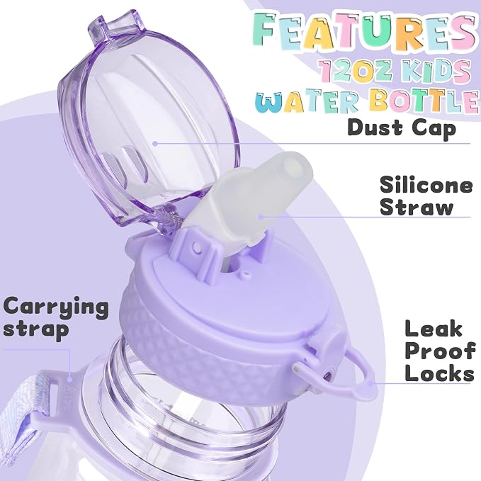 OLDLEY 17oz Kids Water Bottle, Tritan BPA-Free, Leakproof Flip Straw Lid, Motivational Time Marker, Carry Strap, Reusable Clear Water Bottle for Boys & Girls,Amethyst