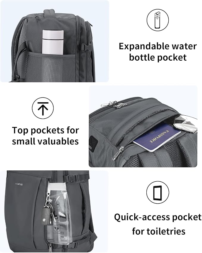 ECOHUB 17'' Travel Backpack, Personal Item Backpack with 13 Pockets, Flight Approved Carry on Backpack with USB Port & Luggage Sleeve, Travel bag for Men & Women, Water Resistant Backpack, Grey | 16.7"x10"x8" Small Backpack with 13 Pockets Water Resist...