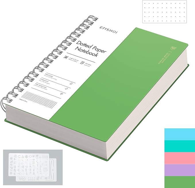 EMSHOI Dotted Journal Spiral Notebook, 300 Pages, B5 Large 7.48"x10.15", 100 GSM Thick Paper, Flexible Plastic Cover, 5mm Dot Grid Notebook for Journaling, Planning, Drawing, Writing, Green
