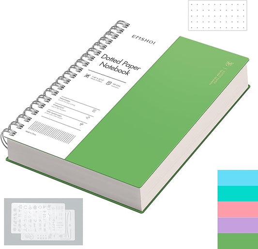 EMSHOI Dotted Journal Spiral Notebook, 300 Pages, B5 Large 7.48"x10.15", 100 GSM Thick Paper, Flexible Plastic Cover, 5mm Dot Grid Notebook for Journaling, Planning, Drawing, Writing, Green