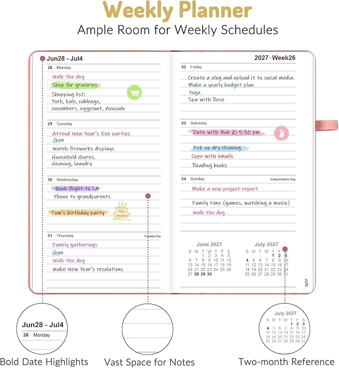 Forvencer Pocket Planner 2026-2027, Weekly Monthly Planners for Purse, 3.5" x 6", July 2026-June 2027, Cute Small Daily Academic Calendar, Elastic Band, Hardcover Agenda for Women, Teacher