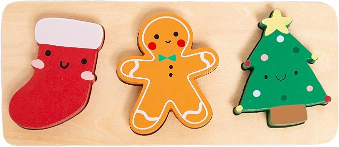Pearhead 3 Piece Set Wooden Holiday Puzzle, Kids Christmas Toy, Stocking Stuffer for Children, Holiday Ideas