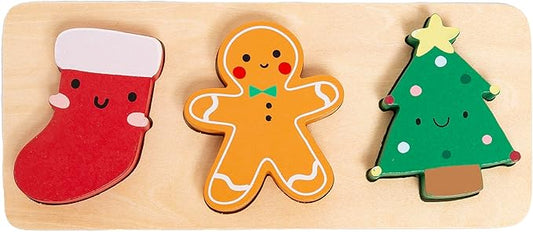 Pearhead 3 Piece Set Wooden Holiday Puzzle, Kids Christmas Toy, Stocking Stuffer for Children, Holiday Ideas