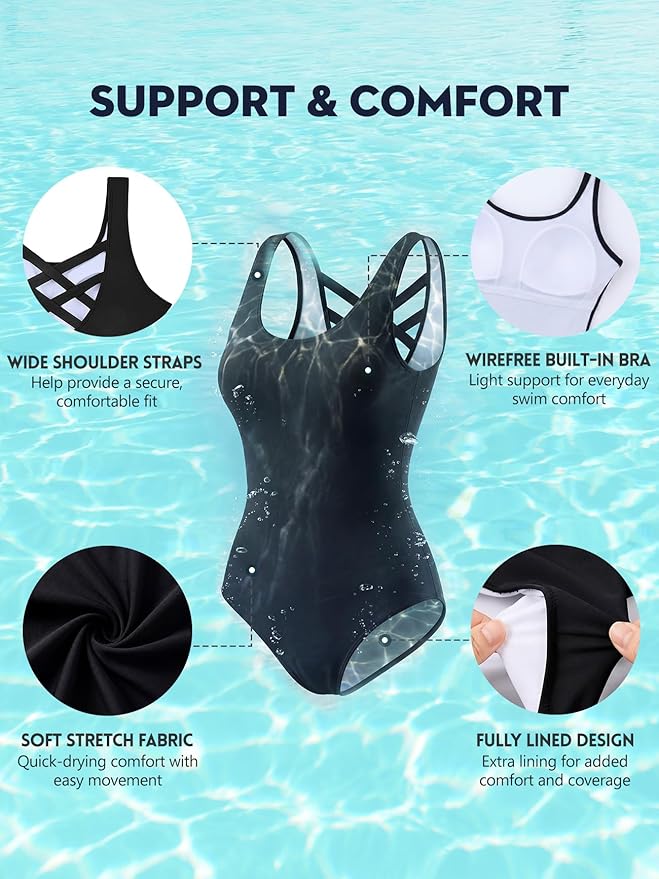 Modest Full Coverage One Piece Swimsuit Floral Bathing Suit Criss Cross Back Swimwear with Built-in Bra
