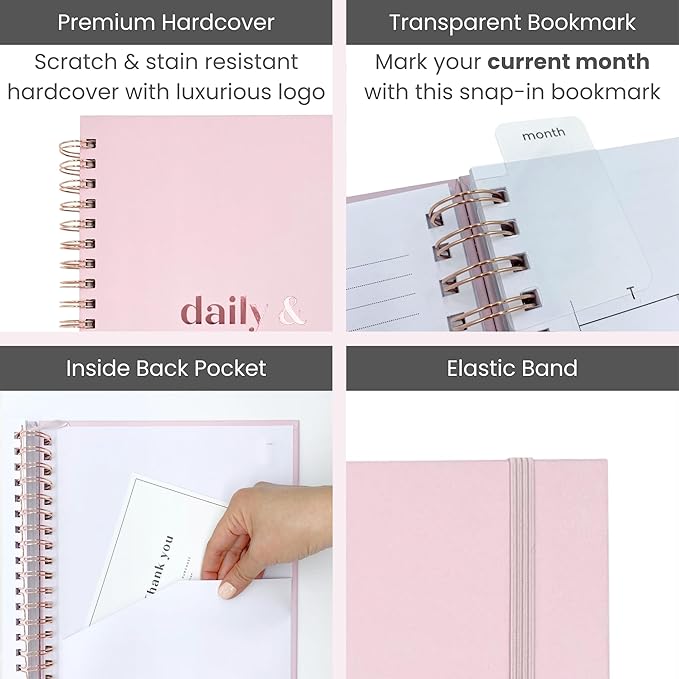 Undated Daily Planner | 2026 Calendar | Large Daily and Monthly Planner with Hourly Schedule, 8.5" x 11" | 6 Month, Full Page a Day, To do List, Time Blocking, Pink Aesthetic Hardcover Spiral Notebook