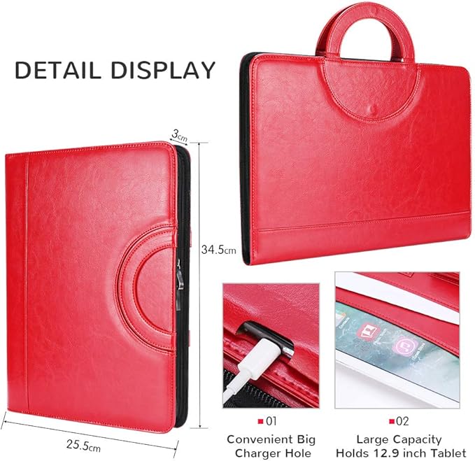 Darolin Vegan Leather Padfolio Portfolio with Handle & Clipboard, Zippered Business Portfolio Organizer for Meetings, Interviews & Travel, Fits A4 & Letter Size, Padfolio for Men Women (Red)