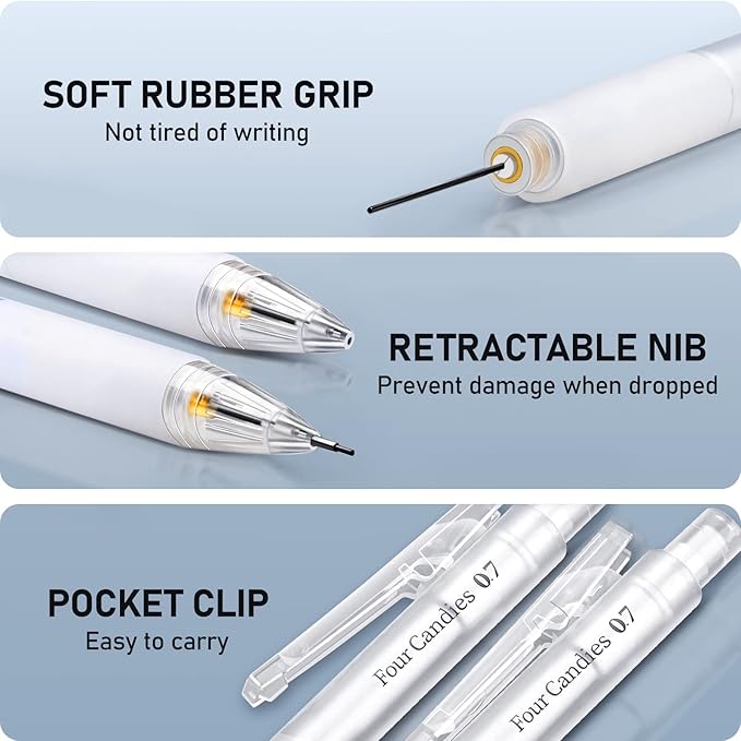 Four Candies Cute Mechanical Pencil Set with Case - 3PCS Pencils 0.7mm with 180PCS HB Lead Refills, 3PCS Erasers, 9PCS Eraser Refills, White Clear Mechanical Pencil for Students Drawing, Writing