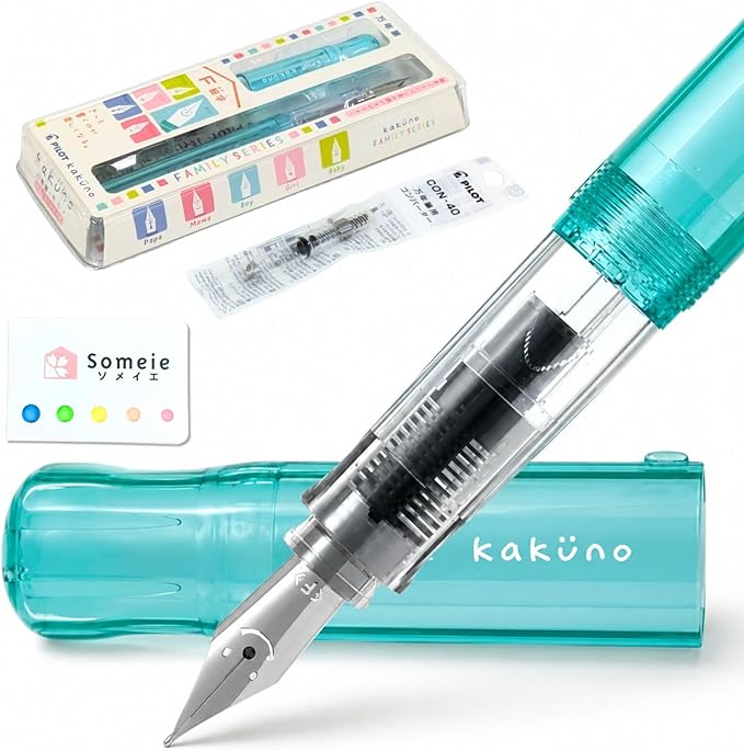 Fountain Pen Set CON-40 Converter & Kakuno Fine Nib with Black Ink Cartridge & Sticky Notes – Refillable Ink System, For Beginners, Calligraphy (Green FKA-1SR-KBOG-F)