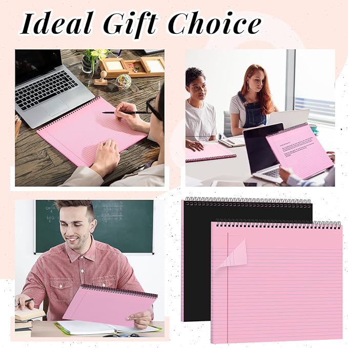 MotiMind 4 Pcs Legal Pads Landscape Notebooks Hole Punched Top Spiral Bound Notebooks 11 x 9.5 Inch College Ruled Drawing Notepad Tear Line for Removal 50 Sheet Office Steno Book(Pink)