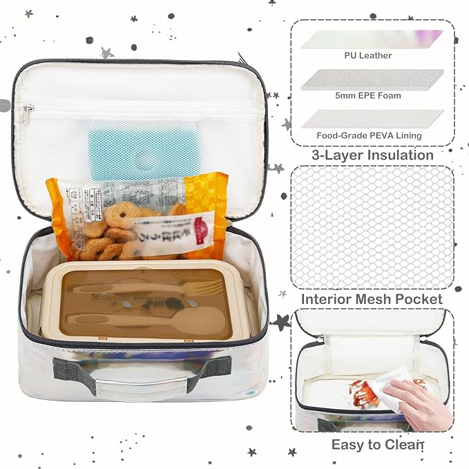 FlowFly Kids Lunch box Insulated Soft Bag Mini Cooler Back to School Thermal Meal Tote Kit for Girls, Boys, Silvery